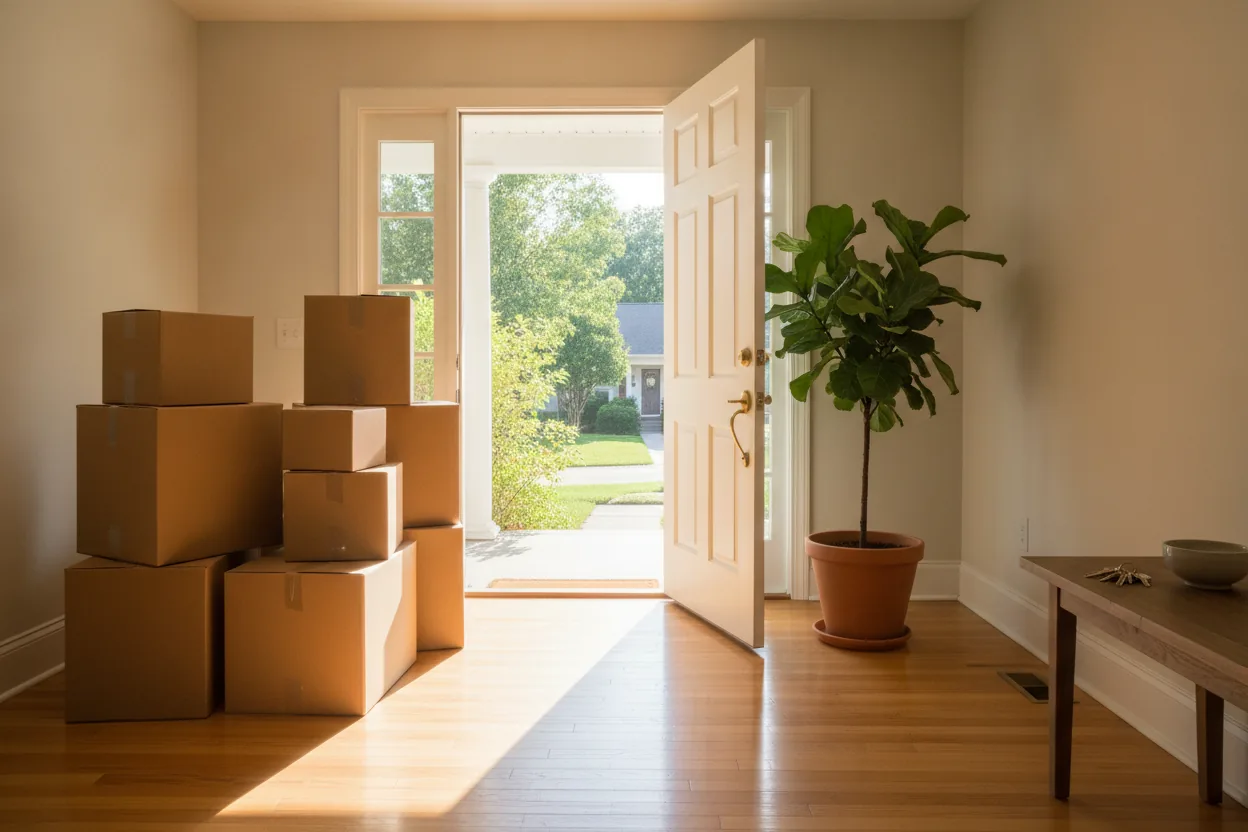 Moving boxes stacked by an open front door, keys on the side table.