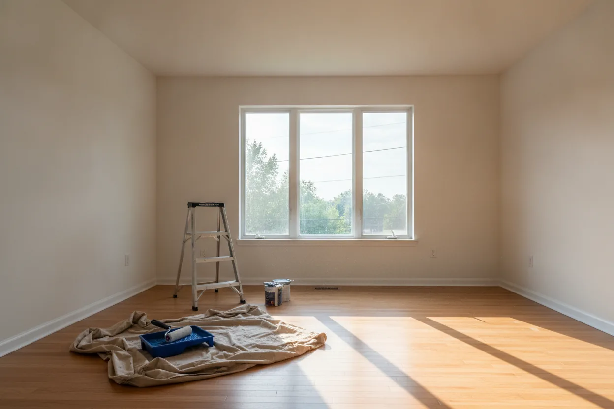 A room freshly painted, with the ladder and drop cloth still out.