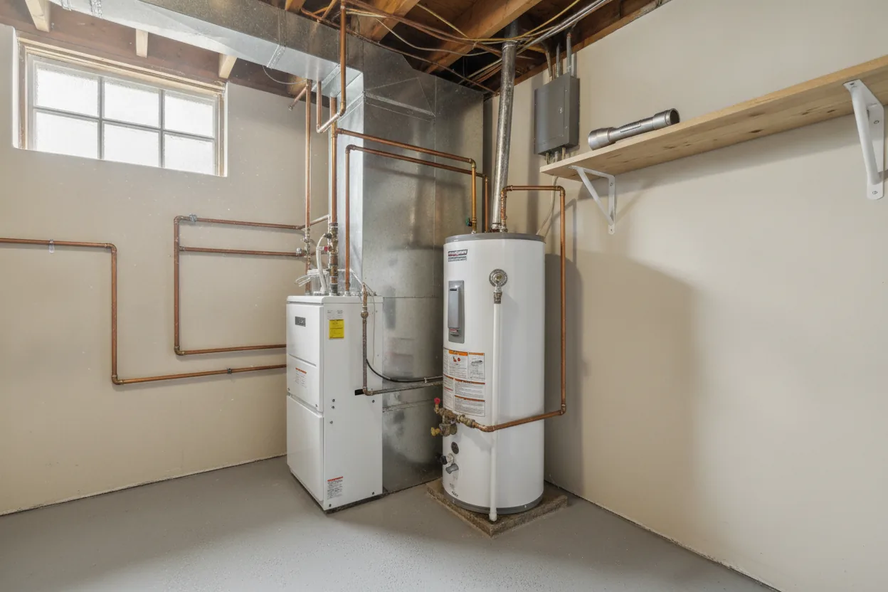 A basement utility corner with a new furnace and water heater.