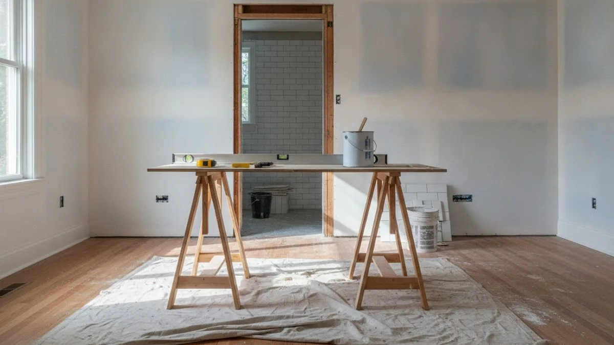 A room mid-renovation: a sawhorse table with a level and a paint bucket on a drop cloth, a tiled bathroom through the doorway.