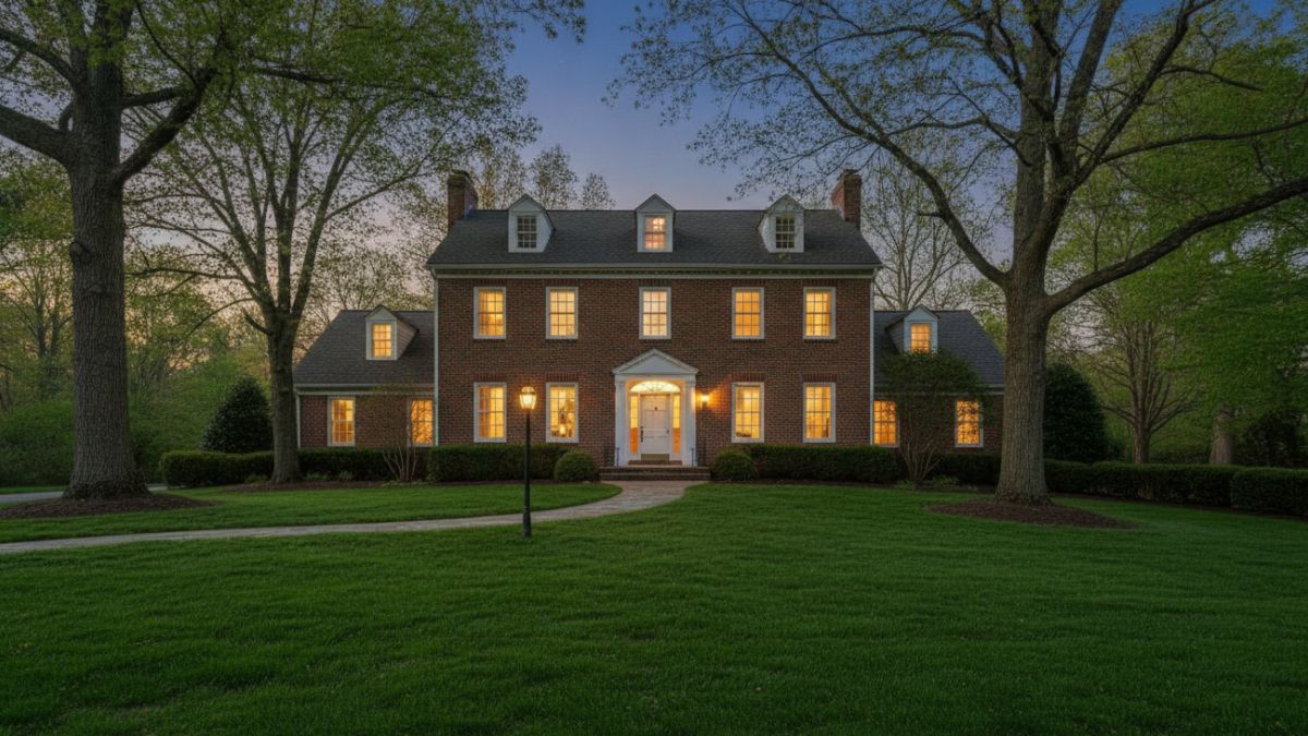 A brick colonial at dusk, every window lit.