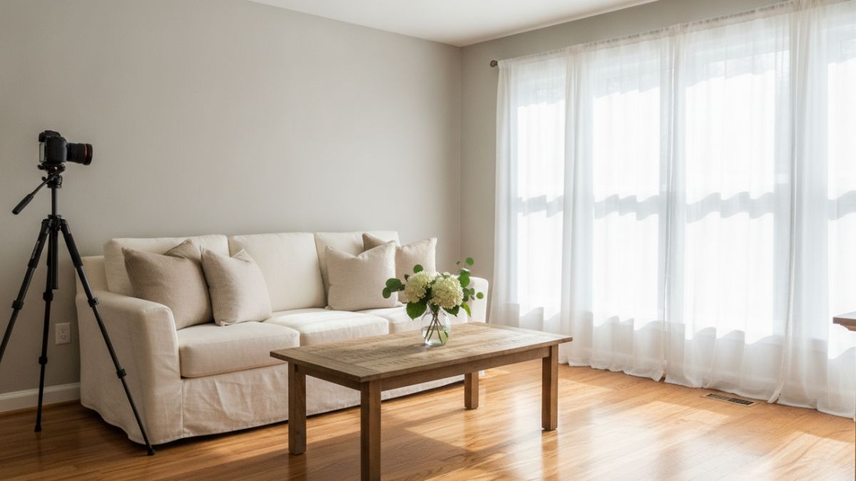 A staged living room with a camera on a tripod, ready for listing photography.